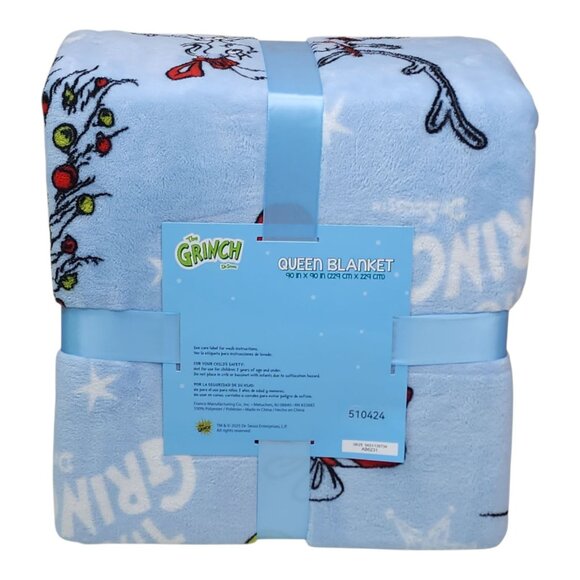 Dr Seuss The Grinch Queen Plush Blanket 90" x 90" Christmas Holiday Family Throw - Picture 3 of 9